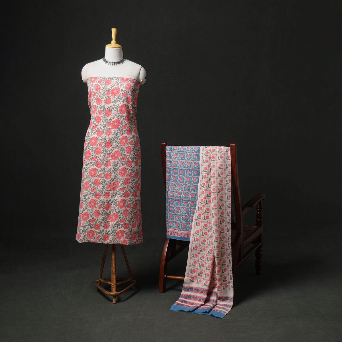 Floral Hand Block Sanganeri Print Woolen Unstitched Dress Material: Kurta, Bottom with Dupatta 13