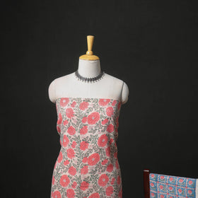 Floral Hand Block Sanganeri Print Woolen Unstitched Dress Material: Kurta, Bottom with Dupatta 13