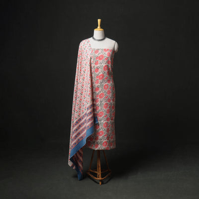 Floral Hand Block Sanganeri Print Woolen Unstitched Dress Material: Kurta, Bottom with Dupatta 13