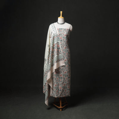 Floral Hand Block Sanganeri Print Woolen Unstitched Dress Material: Kurta, Bottom with Dupatta 14