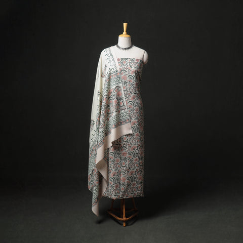 Floral Hand Block Sanganeri Print Woolen Unstitched Dress Material: Kurta, Bottom with Dupatta 14