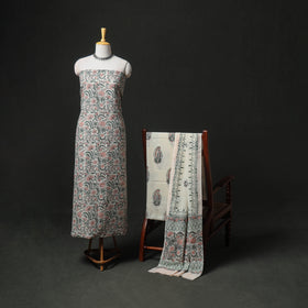 Floral Hand Block Sanganeri Print Woolen Unstitched Dress Material: Kurta, Bottom with Dupatta 14