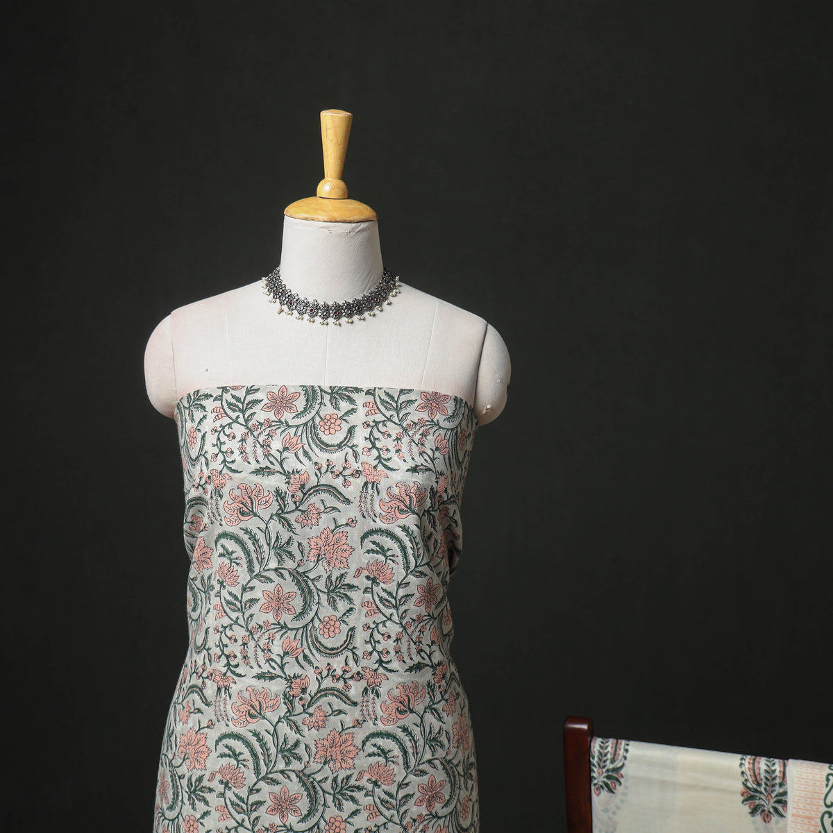 Floral Hand Block Sanganeri Print Woolen Unstitched Dress Material: Kurta, Bottom with Dupatta 14