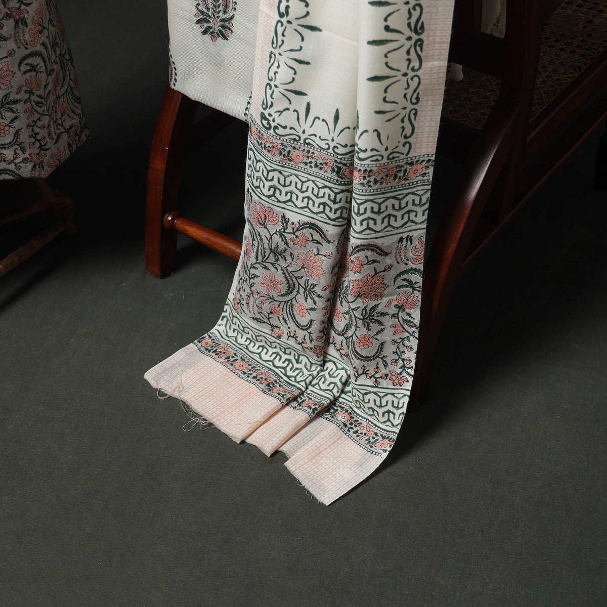 Floral Hand Block Sanganeri Print Woolen Unstitched Dress Material: Kurta, Bottom with Dupatta 14