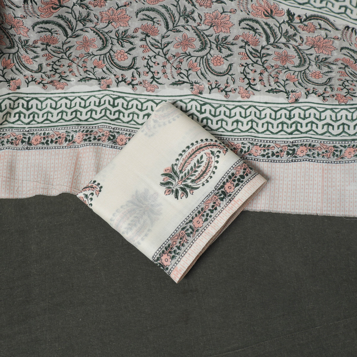 Floral Hand Block Sanganeri Print Woolen Unstitched Dress Material: Kurta, Bottom with Dupatta 14