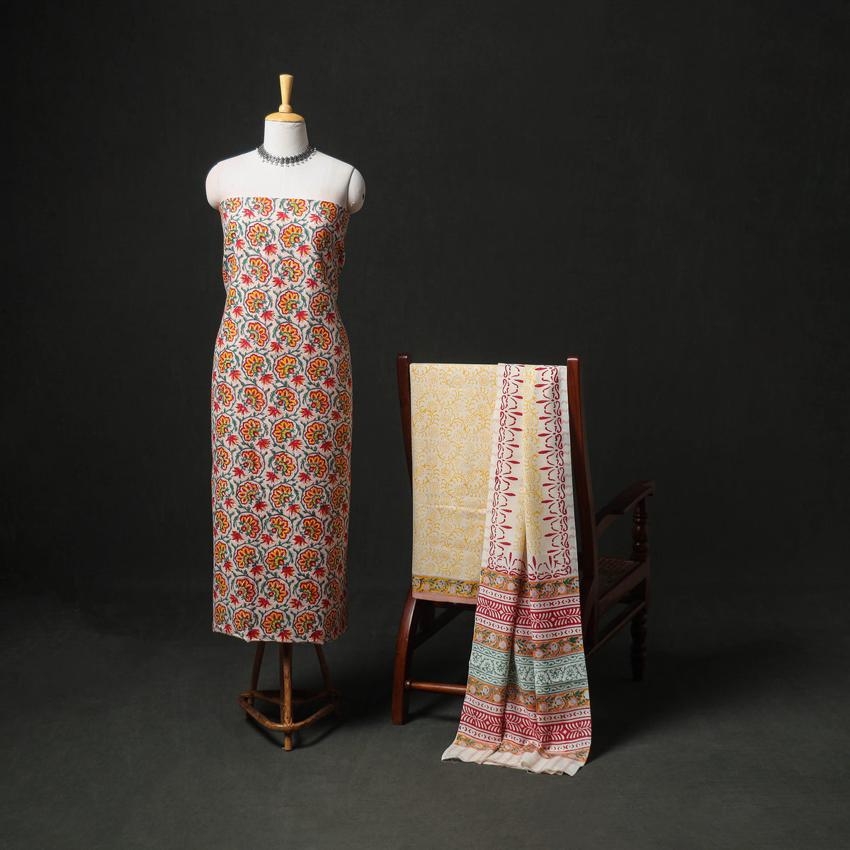 Floral Hand Block Sanganeri Print Woolen Unstitched Dress Material: Kurta, Bottom with Dupatta 15