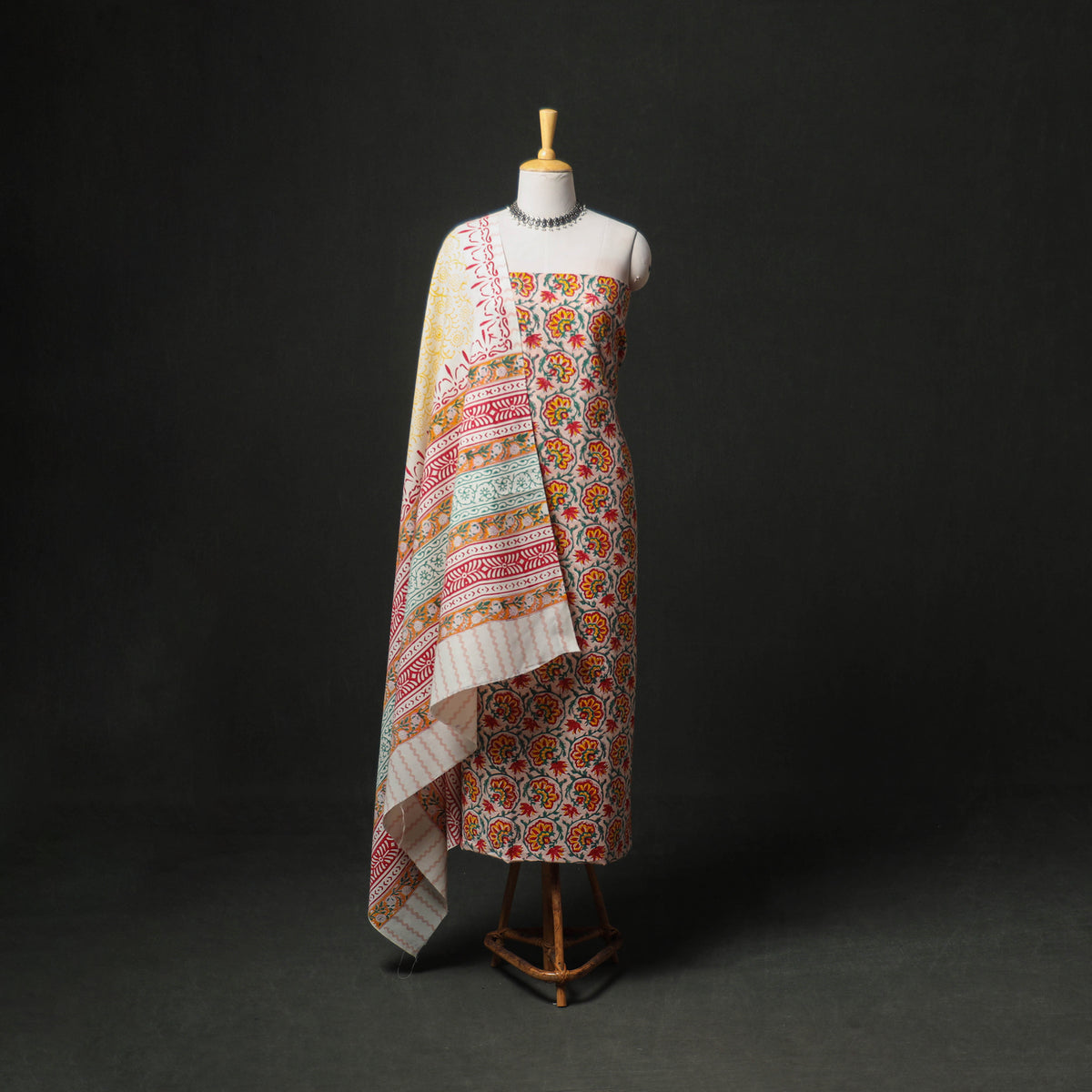 Floral Hand Block Sanganeri Print Woolen Unstitched Dress Material: Kurta, Bottom with Dupatta 15