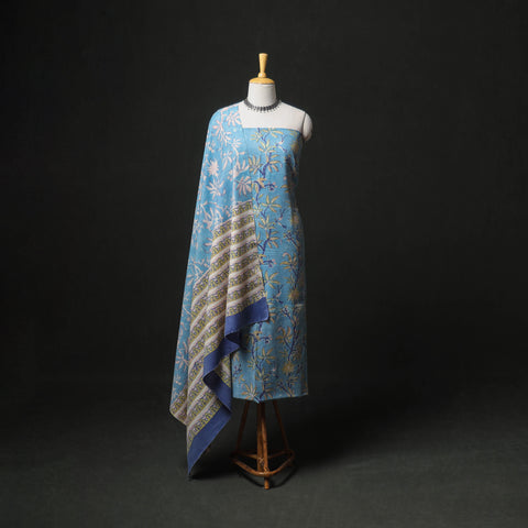 Floral Hand Block Sanganeri Print Woolen Unstitched Dress Material: Kurta, Bottom with Dupatta 16