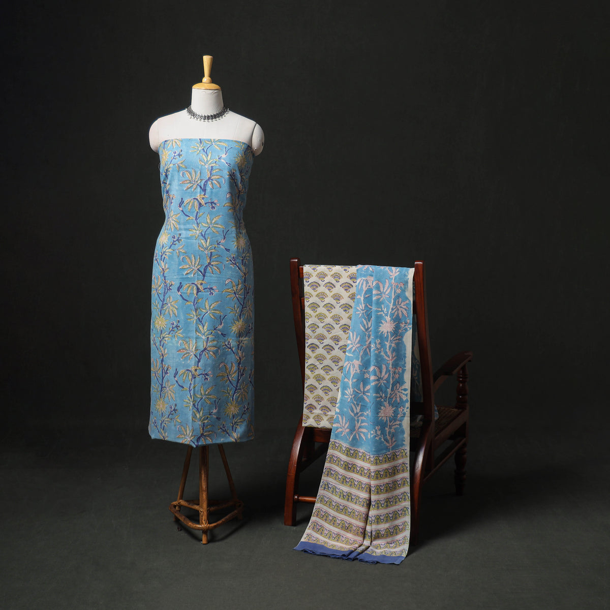 Floral Hand Block Sanganeri Print Woolen Unstitched Dress Material: Kurta, Bottom with Dupatta 16