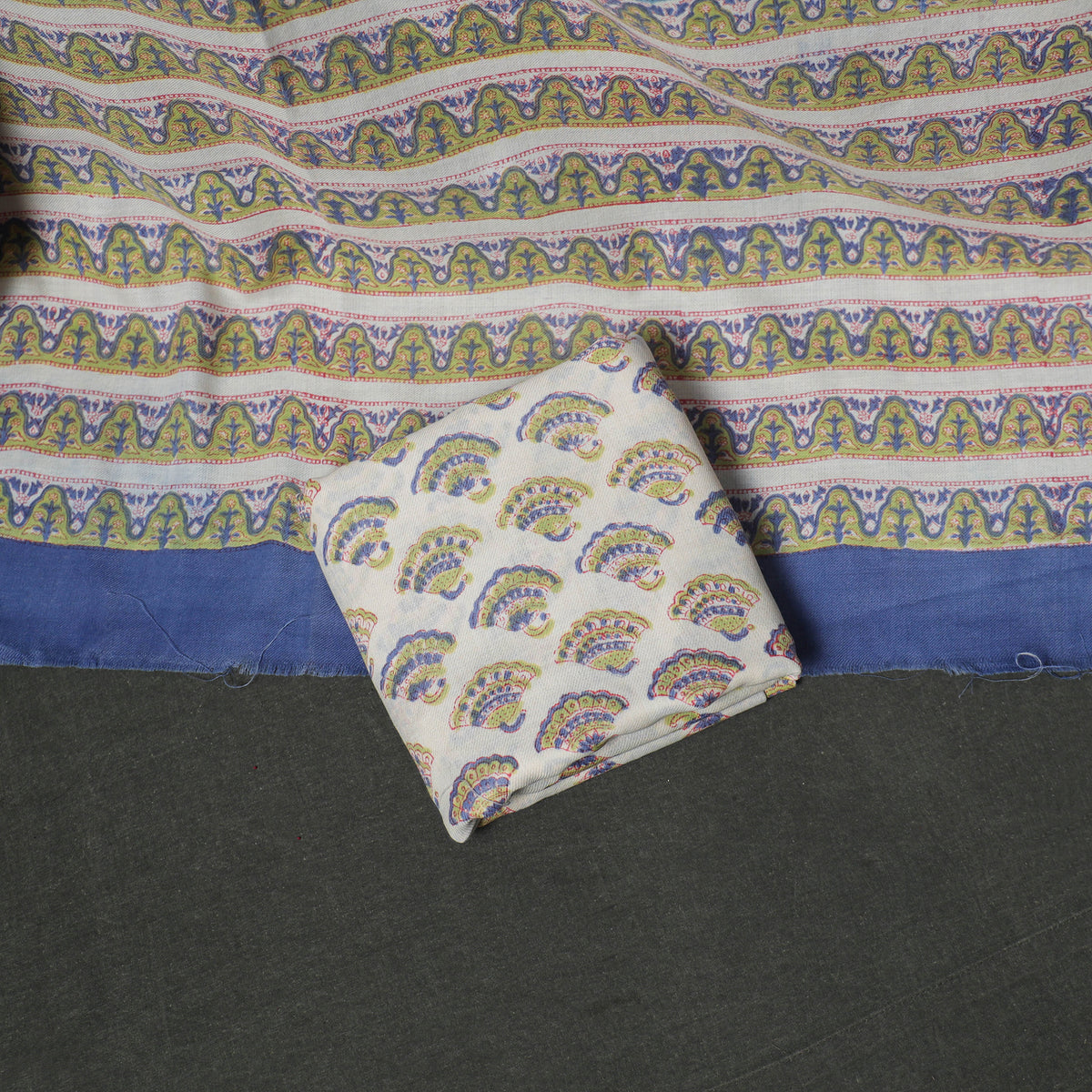 Floral Hand Block Sanganeri Print Woolen Unstitched Dress Material: Kurta, Bottom with Dupatta 16