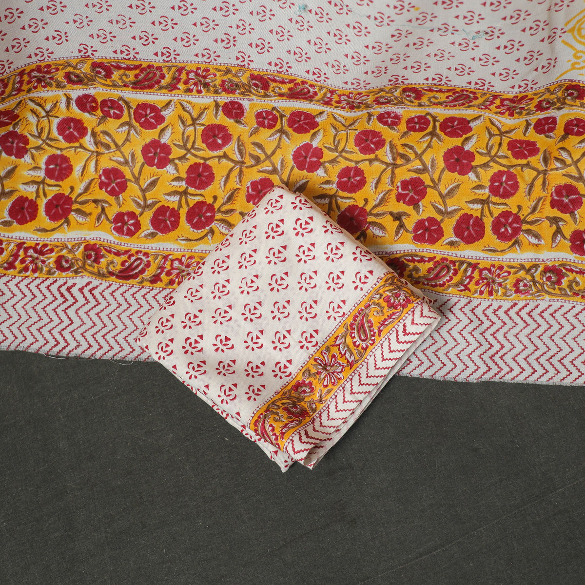 Floral Hand Block Sanganeri Print Woolen Unstitched Dress Material: Kurta, Bottom with Dupatta 18