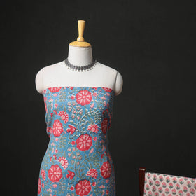 Floral Hand Block Sanganeri Print Woolen Unstitched Dress Material: Kurta, Bottom with Dupatta 19