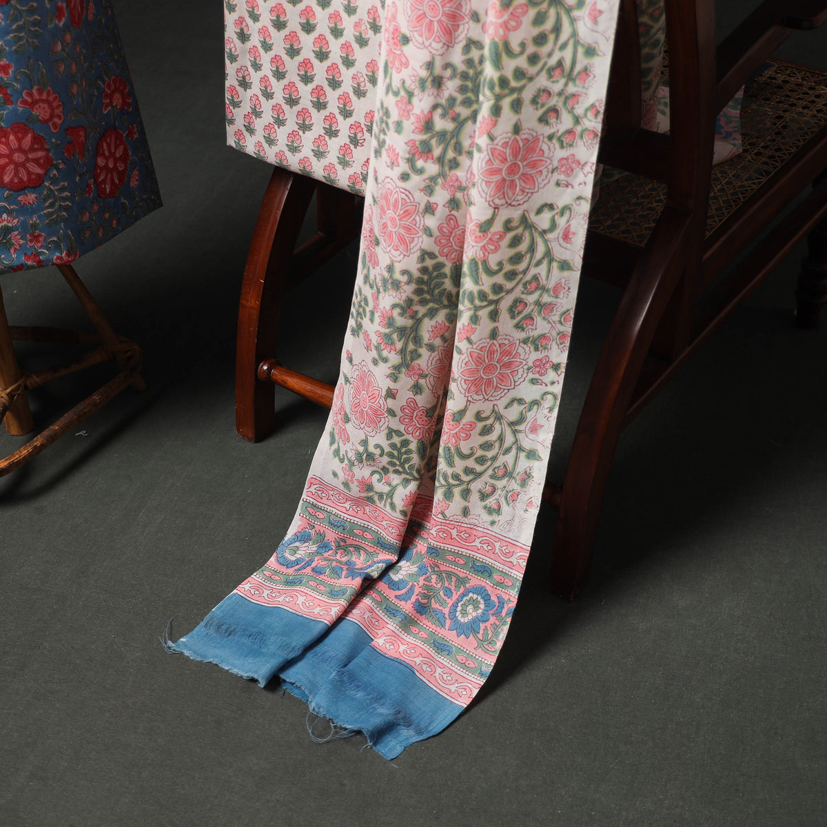 Floral Hand Block Sanganeri Print Woolen Unstitched Dress Material: Kurta, Bottom with Dupatta 19