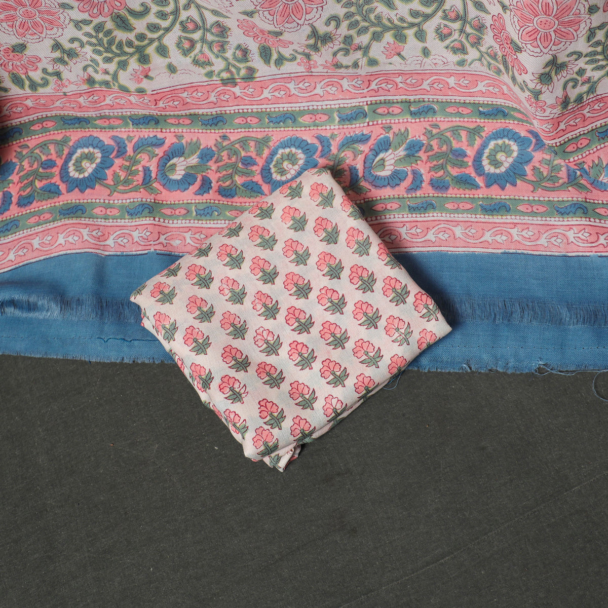 Floral Hand Block Sanganeri Print Woolen Unstitched Dress Material: Kurta, Bottom with Dupatta 19