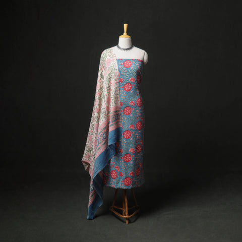 Floral Hand Block Sanganeri Print Woolen Unstitched Dress Material: Kurta, Bottom with Dupatta 19