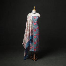 Floral Hand Block Sanganeri Print Woolen Unstitched Dress Material: Kurta, Bottom with Dupatta 19