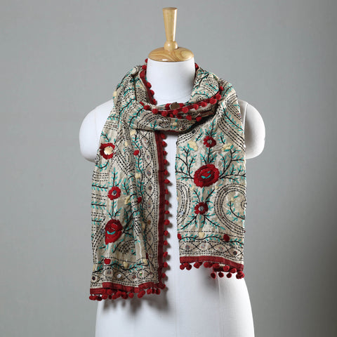 Maroon Ranihati Chapa Work Embroidery Chanderi Silk Stole with Pom Pom