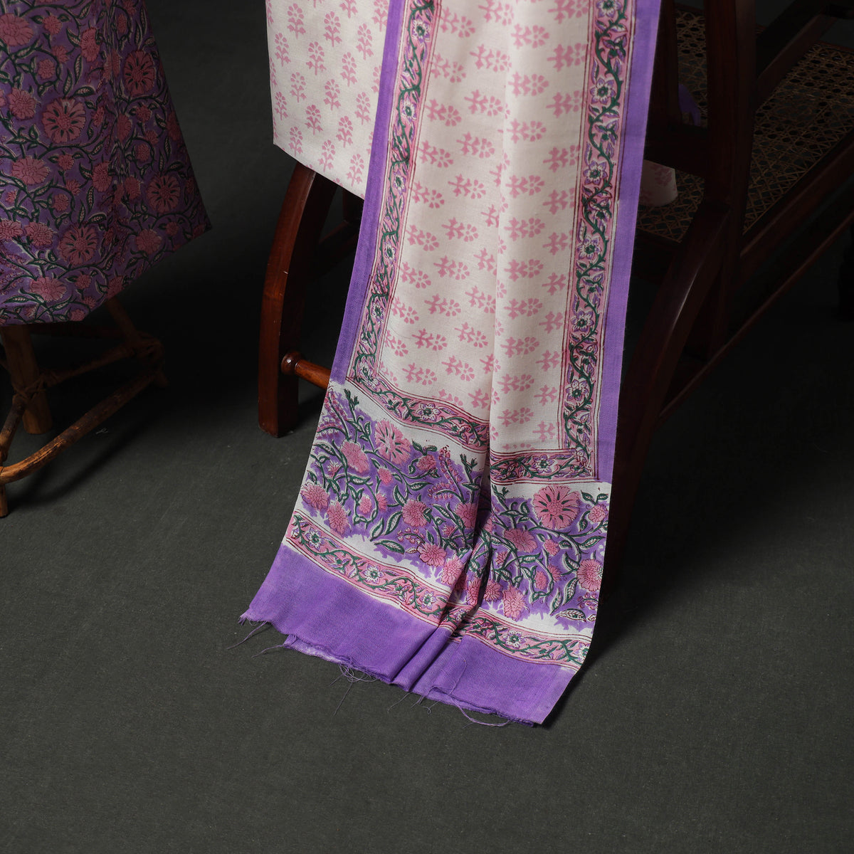Floral Hand Block Sanganeri Print Woolen Unstitched Dress Material: Kurta, Bottom with Dupatta 20