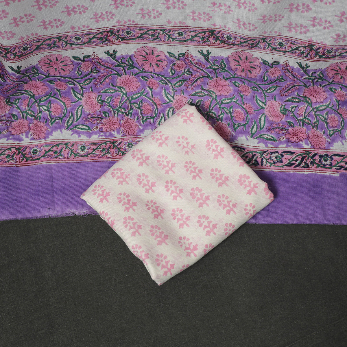 Floral Hand Block Sanganeri Print Woolen Unstitched Dress Material: Kurta, Bottom with Dupatta 20