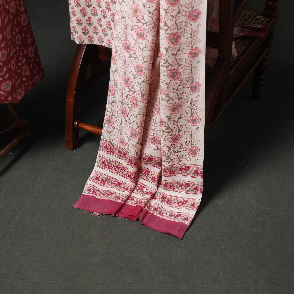 Floral Hand Block Sanganeri Print Woolen Unstitched Dress Material: Kurta, Bottom with Dupatta 21