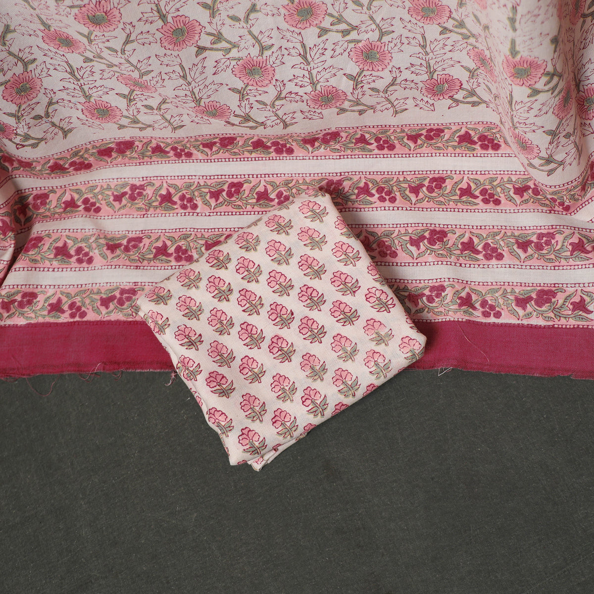 Floral Hand Block Sanganeri Print Woolen Unstitched Dress Material: Kurta, Bottom with Dupatta 21