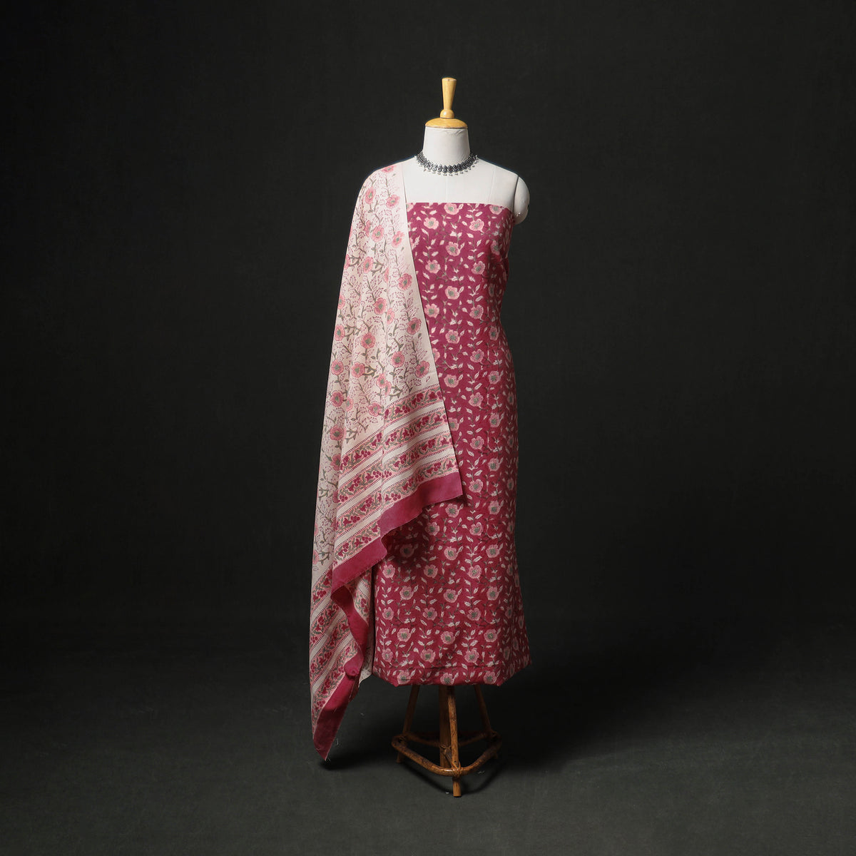 Floral Hand Block Sanganeri Print Woolen Unstitched Dress Material: Kurta, Bottom with Dupatta 21