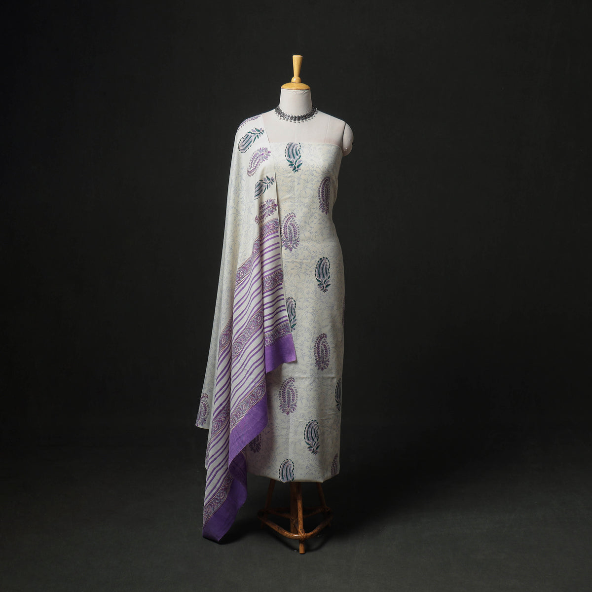 Floral Hand Block Sanganeri Print Woolen Unstitched Dress Material: Kurta, Bottom with Dupatta 22