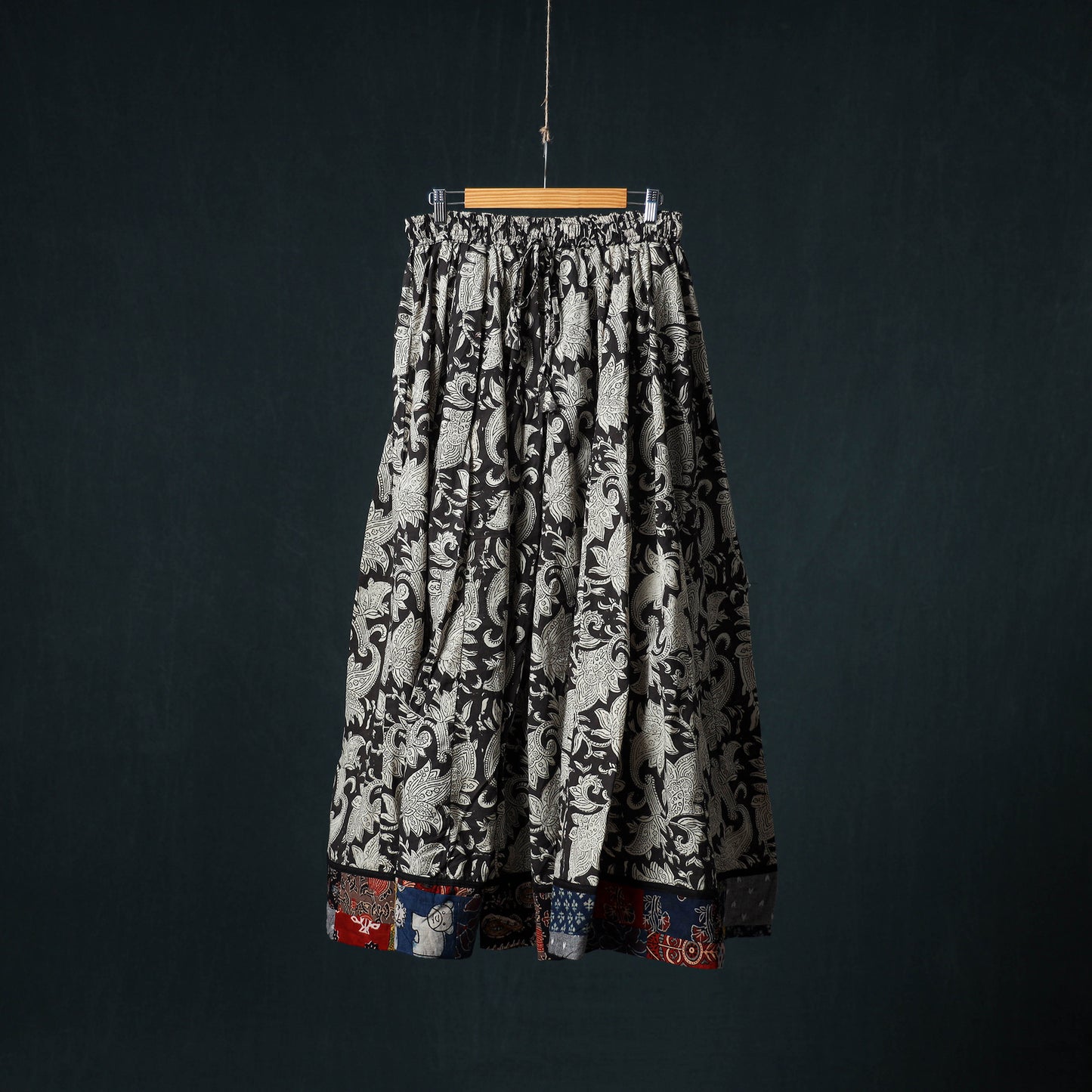 Kalamkari Hand Block Print 24 Kali Cotton Long Skirt with Patchwork Border 63