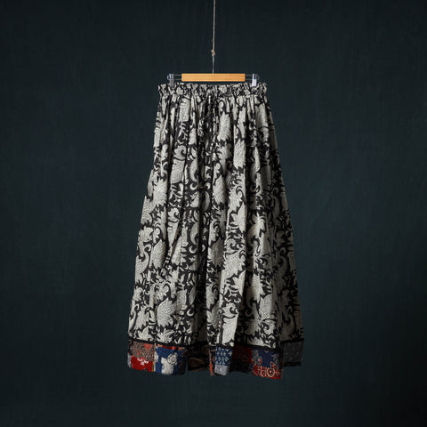 Black - Kalamkari Hand Block Print 24 Kali Cotton Long Skirt with Patchwork Border 63
