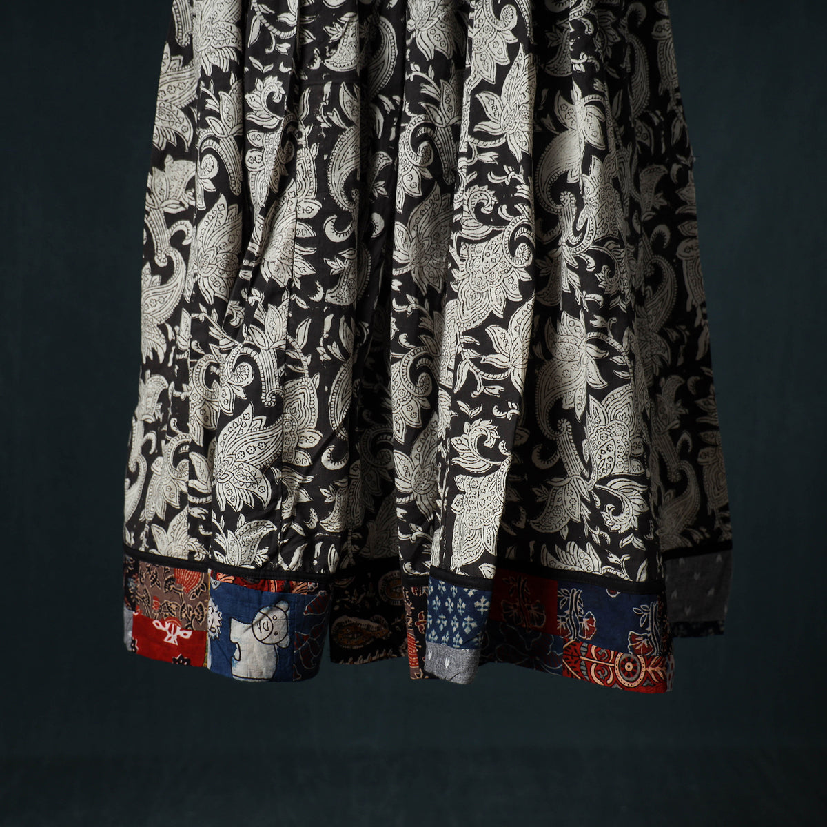Kalamkari Hand Block Print 24 Kali Cotton Long Skirt with Patchwork Border 63
