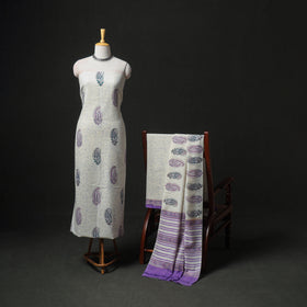 Floral Hand Block Sanganeri Print Woolen Unstitched Dress Material: Kurta, Bottom with Dupatta 22