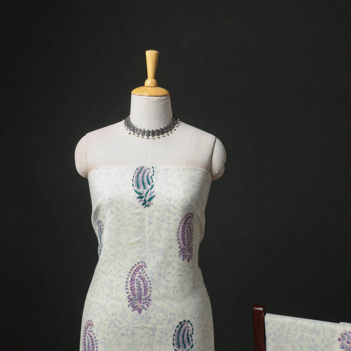 Floral Hand Block Sanganeri Print Woolen Unstitched Dress Material: Kurta, Bottom with Dupatta 22