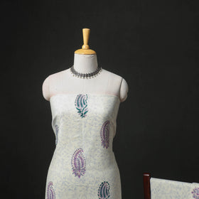 Floral Hand Block Sanganeri Print Woolen Unstitched Dress Material: Kurta, Bottom with Dupatta 22