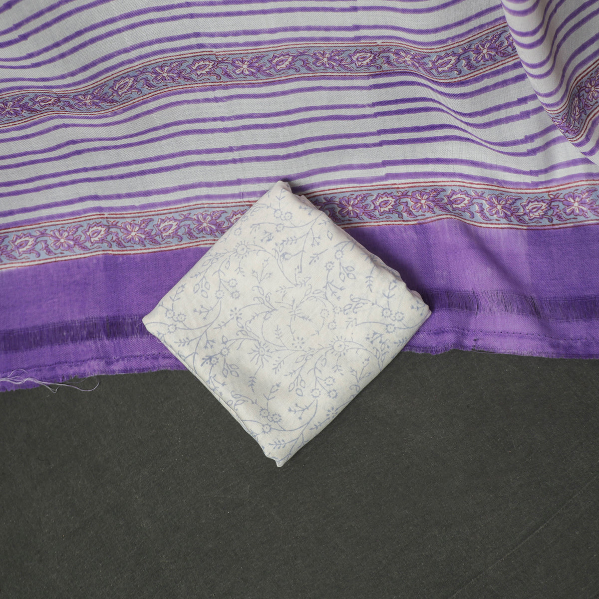 Floral Hand Block Sanganeri Print Woolen Unstitched Dress Material: Kurta, Bottom with Dupatta 22