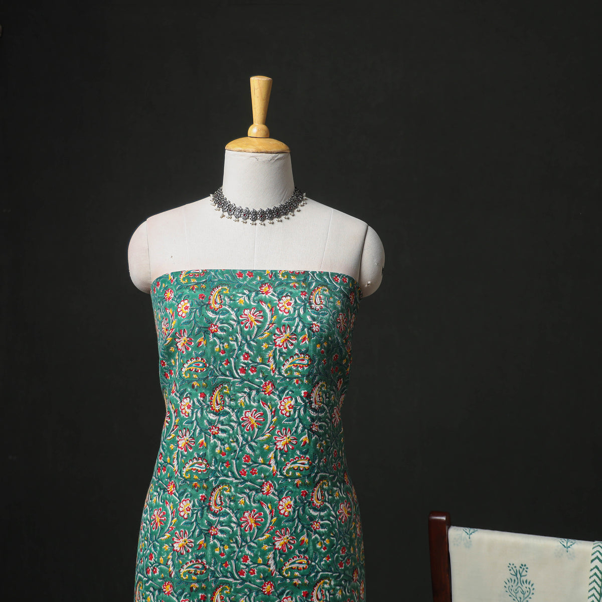 Floral Hand Block Sanganeri Print Woolen Unstitched Dress Material: Kurta, Bottom with Dupatta 23