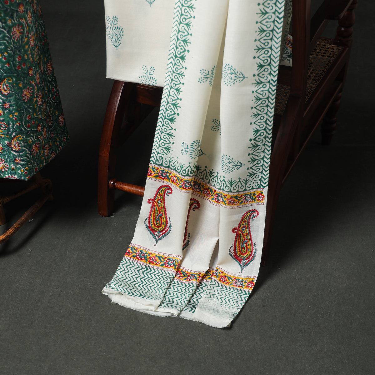 Floral Hand Block Sanganeri Print Woolen Unstitched Dress Material: Kurta, Bottom with Dupatta 23