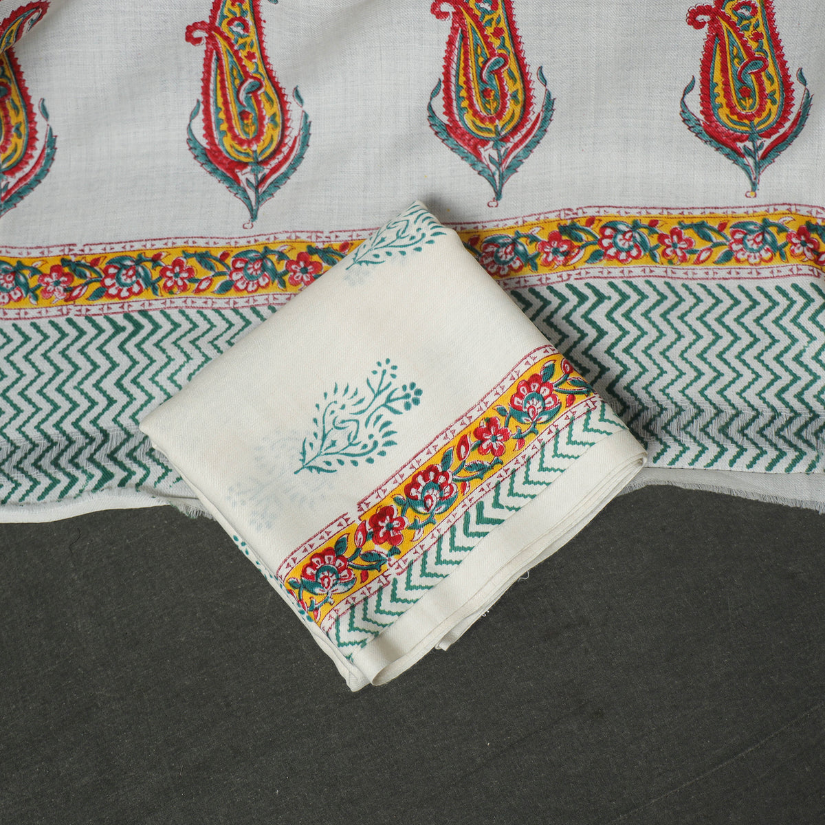Floral Hand Block Sanganeri Print Woolen Unstitched Dress Material: Kurta, Bottom with Dupatta 23