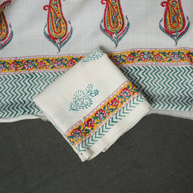 Floral Hand Block Sanganeri Print Woolen Unstitched Dress Material: Kurta, Bottom with Dupatta 23
