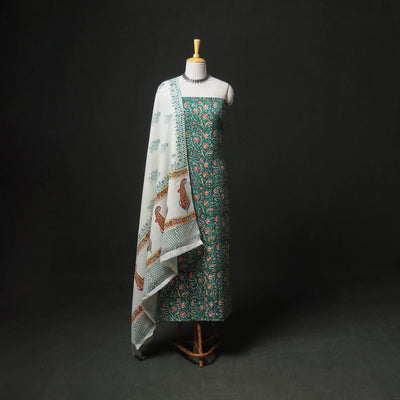 Floral Hand Block Sanganeri Print Woolen Unstitched Dress Material: Kurta, Bottom with Dupatta 23