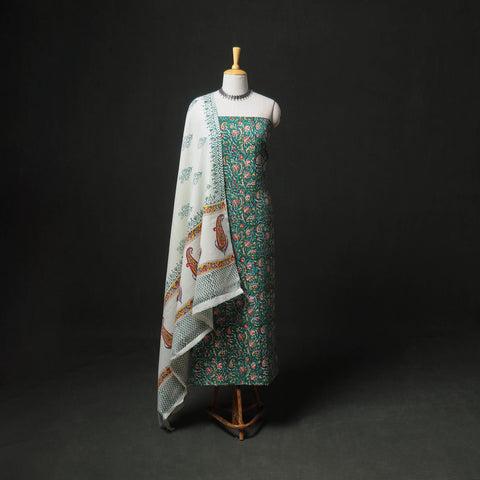 Floral Hand Block Sanganeri Print Woolen Unstitched Dress Material: Kurta, Bottom with Dupatta 23