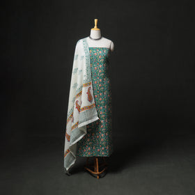 Floral Hand Block Sanganeri Print Woolen Unstitched Dress Material: Kurta, Bottom with Dupatta 23
