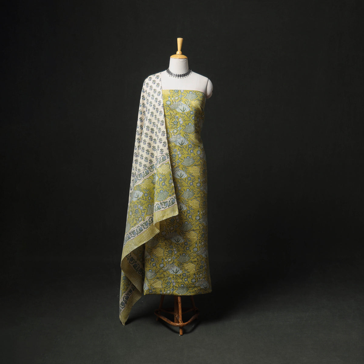 Floral Hand Block Sanganeri Print Woolen Unstitched Dress Material: Kurta, Bottom with Dupatta 24