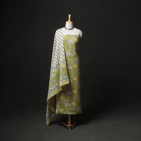 Floral Hand Block Sanganeri Print Woolen Unstitched Dress Material: Kurta, Bottom with Dupatta 24