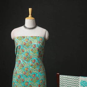 Floral Hand Block Sanganeri Print Woolen Unstitched Dress Material: Kurta, Bottom with Dupatta 25
