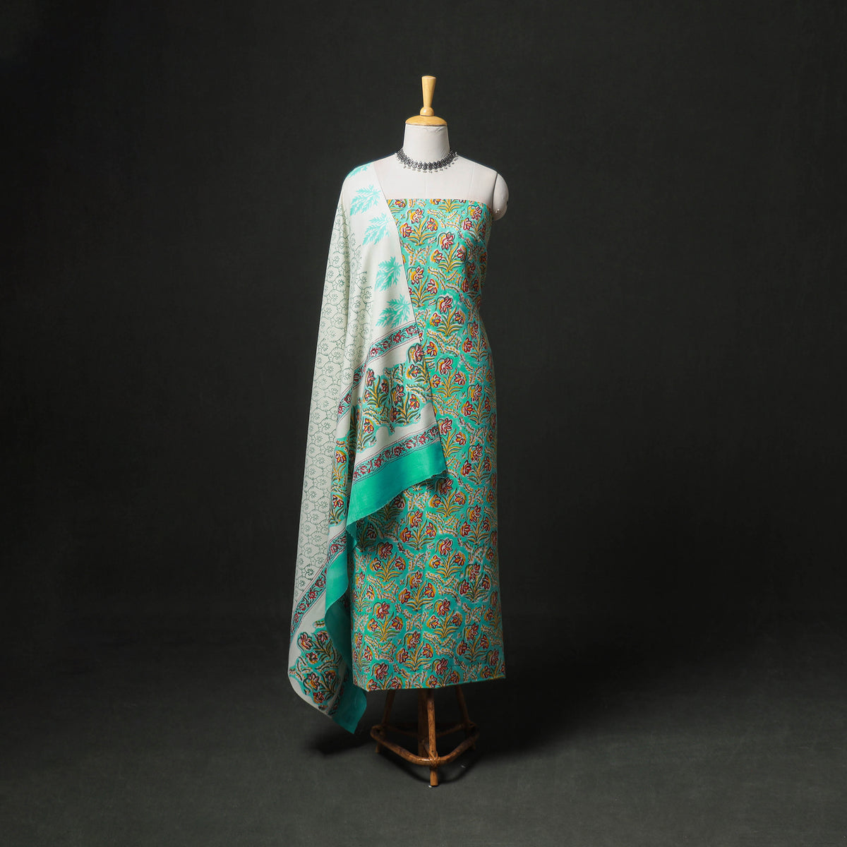 Floral Hand Block Sanganeri Print Woolen Unstitched Dress Material: Kurta, Bottom with Dupatta 25