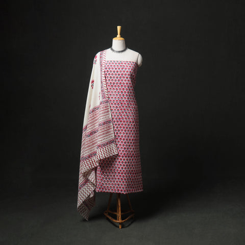 Floral Hand Block Sanganeri Print Woolen Unstitched Dress Material: Kurta, Bottom with Dupatta 26