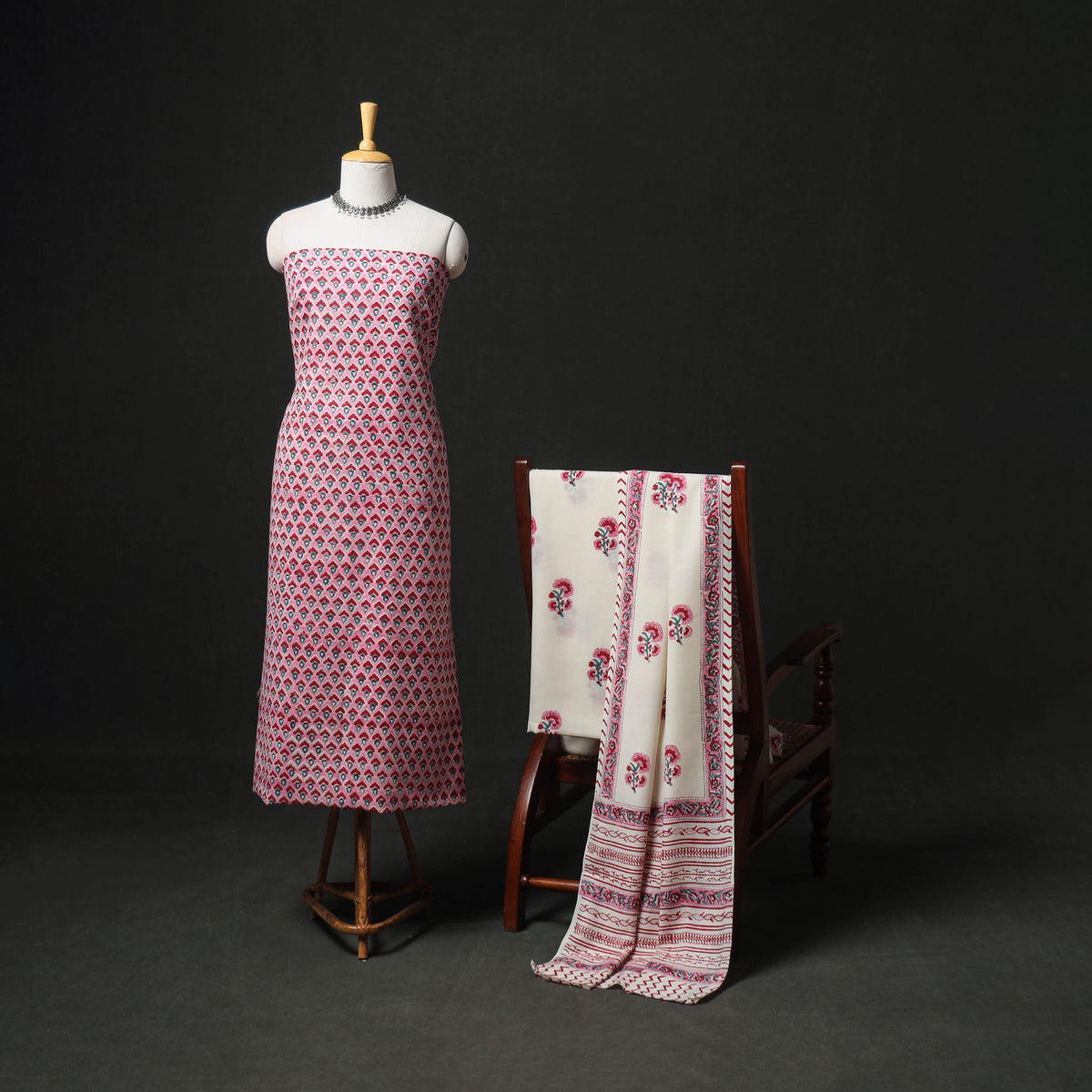 Floral hand block sanganeri print woolen unstitched dress