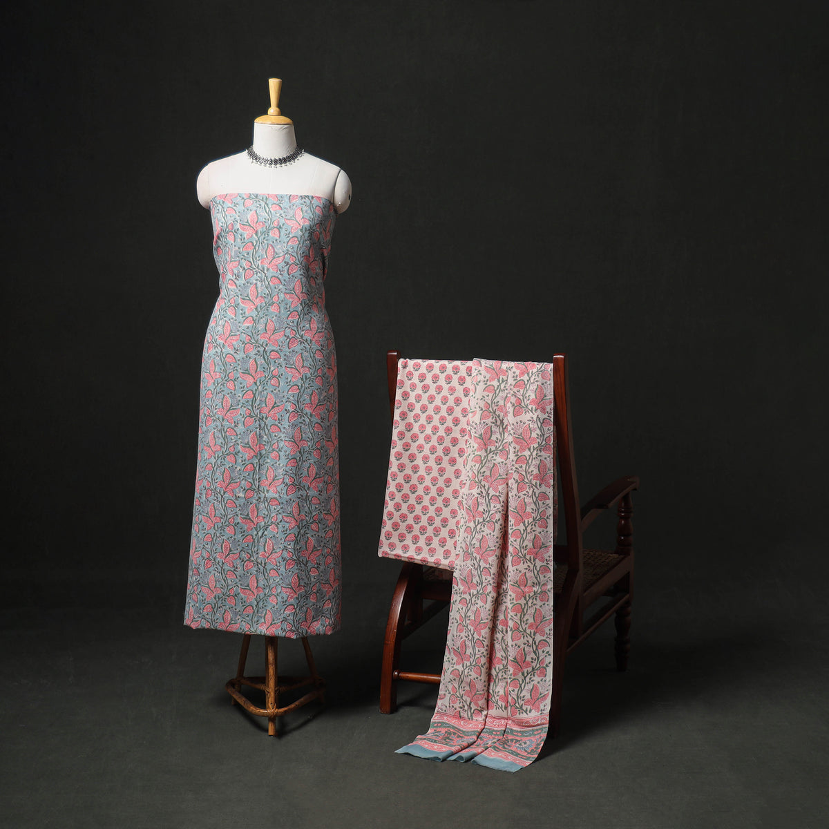 Floral Hand Block Sanganeri Print Woolen Unstitched Dress Material: Kurta, Bottom with Dupatta 27