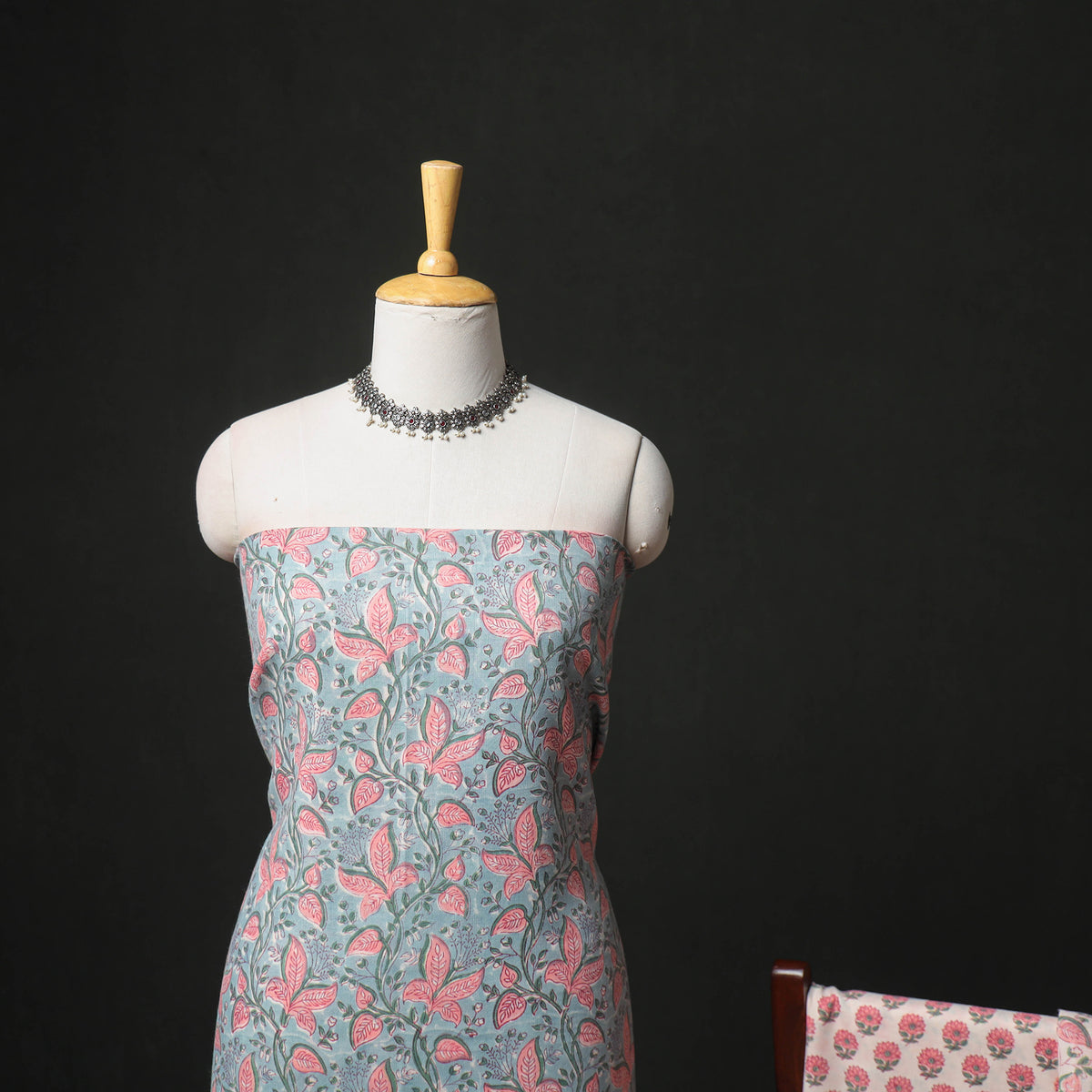 Floral Hand Block Sanganeri Print Woolen Unstitched Dress Material: Kurta, Bottom with Dupatta 27