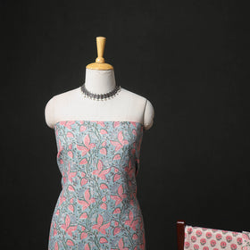 Floral Hand Block Sanganeri Print Woolen Unstitched Dress Material: Kurta, Bottom with Dupatta 27